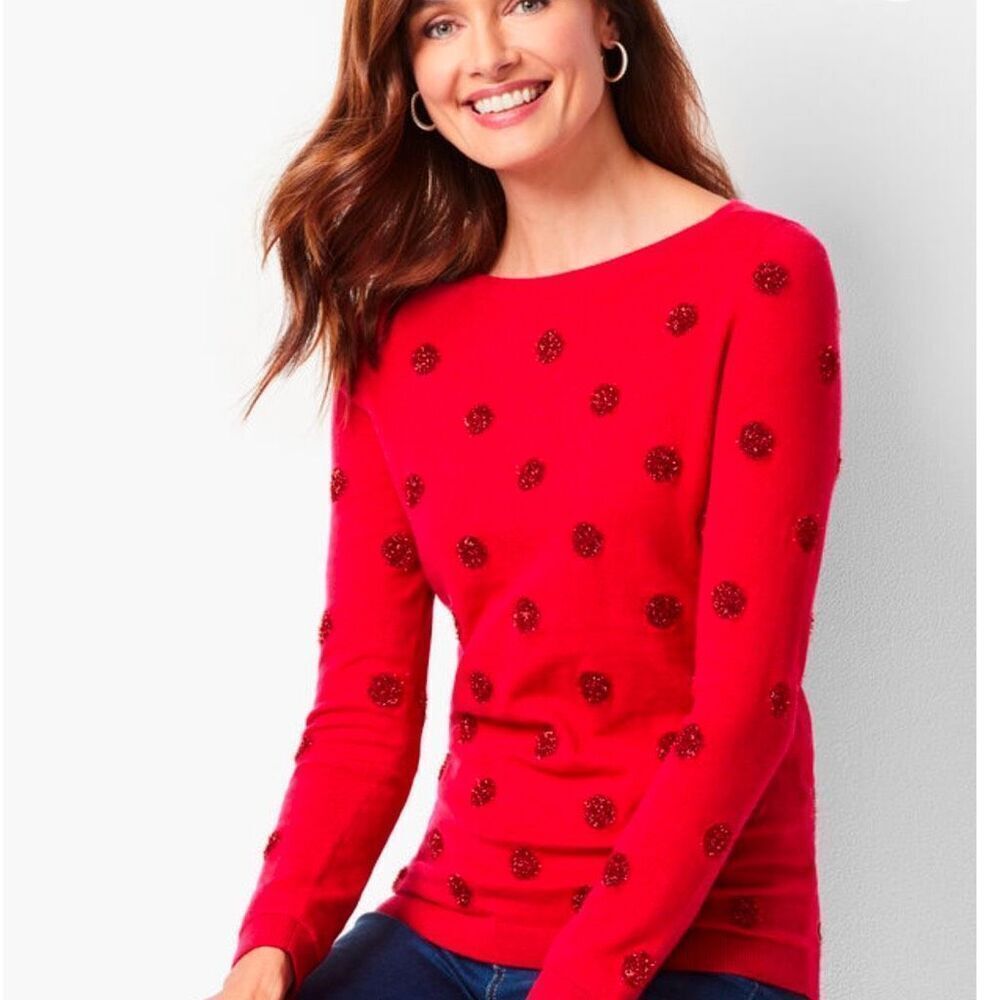 Talbots Red Tinsel Dot Bateau Neck Sweater size Large NEW